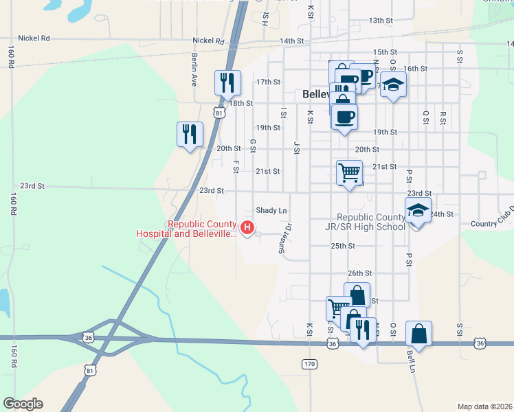 map of restaurants, bars, coffee shops, grocery stores, and more near 2301-2399 G Street in Belleville