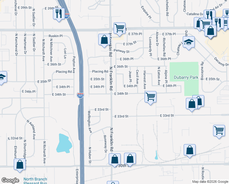 map of restaurants, bars, coffee shops, grocery stores, and more near 8006 East 34th Street in Indianapolis
