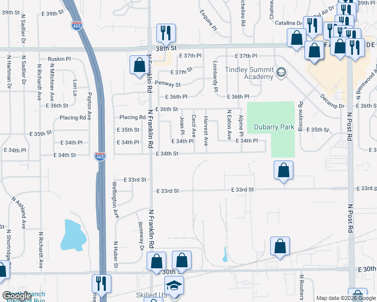map of restaurants, bars, coffee shops, grocery stores, and more near 8144 East 34th Street in Indianapolis