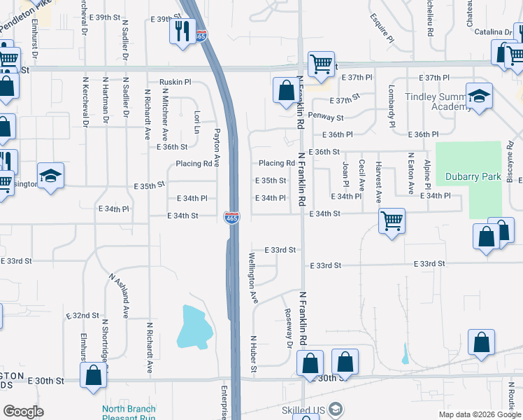 map of restaurants, bars, coffee shops, grocery stores, and more near 7902 East 34th Street in Indianapolis