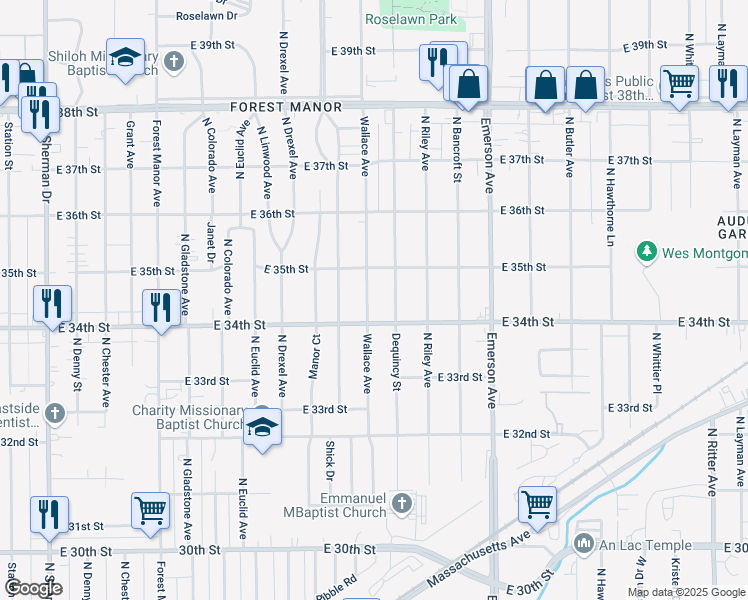 map of restaurants, bars, coffee shops, grocery stores, and more near 3418 Dequincy Street in Indianapolis