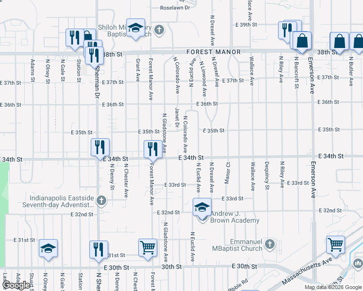 map of restaurants, bars, coffee shops, grocery stores, and more near 3418 N Colorado Ave in Indianapolis