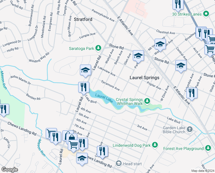 map of restaurants, bars, coffee shops, grocery stores, and more near 1015 Sycamore Avenue in Laurel Springs