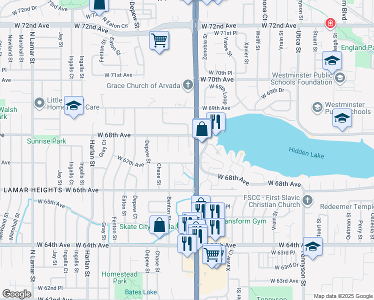 map of restaurants, bars, coffee shops, grocery stores, and more near 6705 Sheridan Boulevard in Arvada