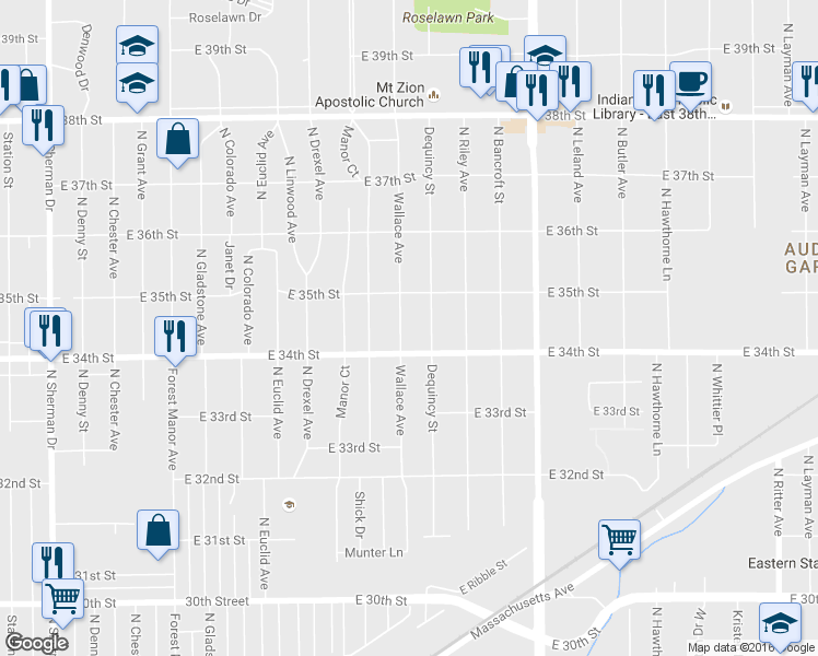 map of restaurants, bars, coffee shops, grocery stores, and more near 3418 Dequincy Street in Indianapolis