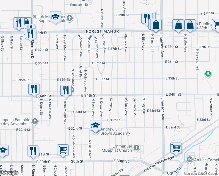 map of restaurants, bars, coffee shops, grocery stores, and more near 3417 Manor Court in Indianapolis