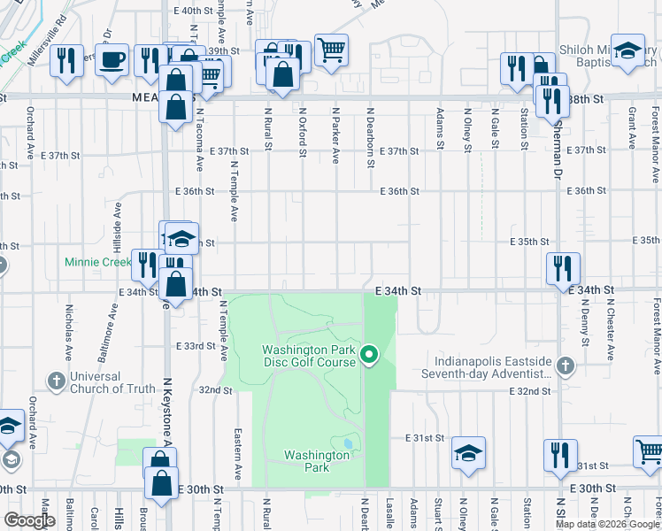 map of restaurants, bars, coffee shops, grocery stores, and more near 3414 North Parker Avenue in Indianapolis