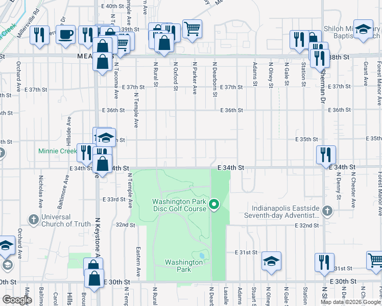 map of restaurants, bars, coffee shops, grocery stores, and more near 3414 North Parker Avenue in Indianapolis