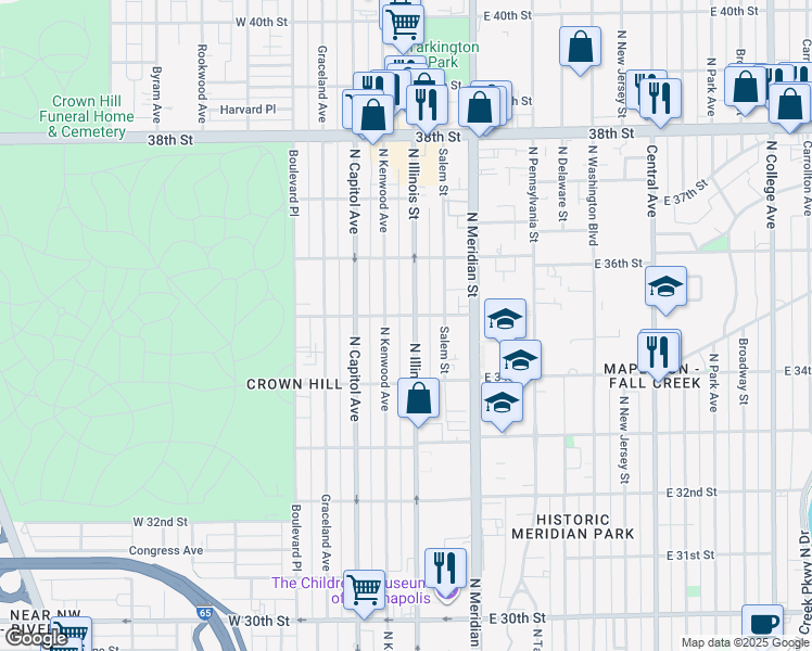 map of restaurants, bars, coffee shops, grocery stores, and more near 3463 North Kenwood Avenue in Indianapolis