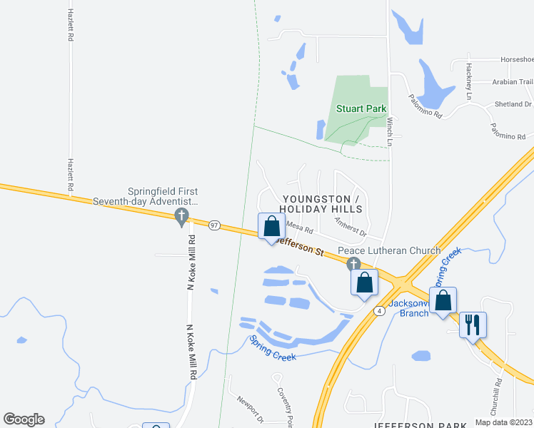 map of restaurants, bars, coffee shops, grocery stores, and more near 85 Mesa Road in Springfield