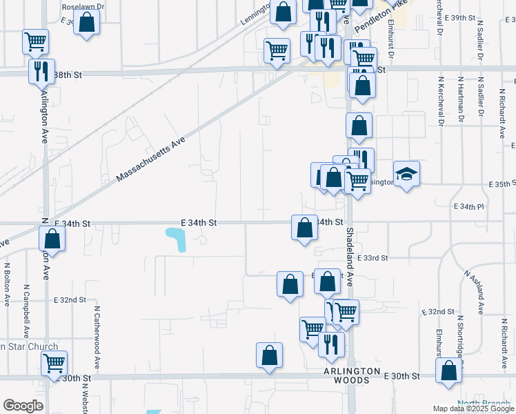 map of restaurants, bars, coffee shops, grocery stores, and more near 3414 North Edmondson Avenue in Indianapolis