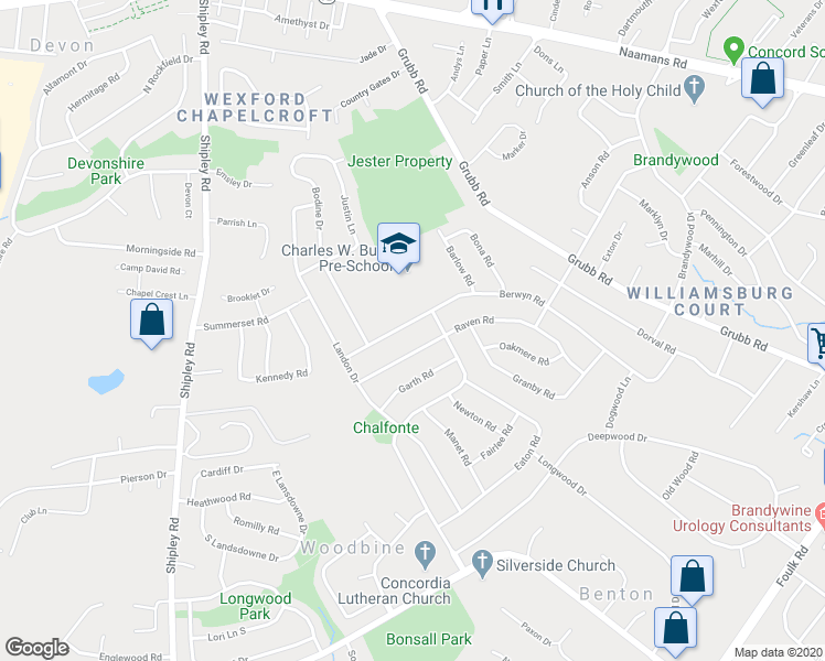 map of restaurants, bars, coffee shops, grocery stores, and more near 2530 Berwyn Rd in Wilmington