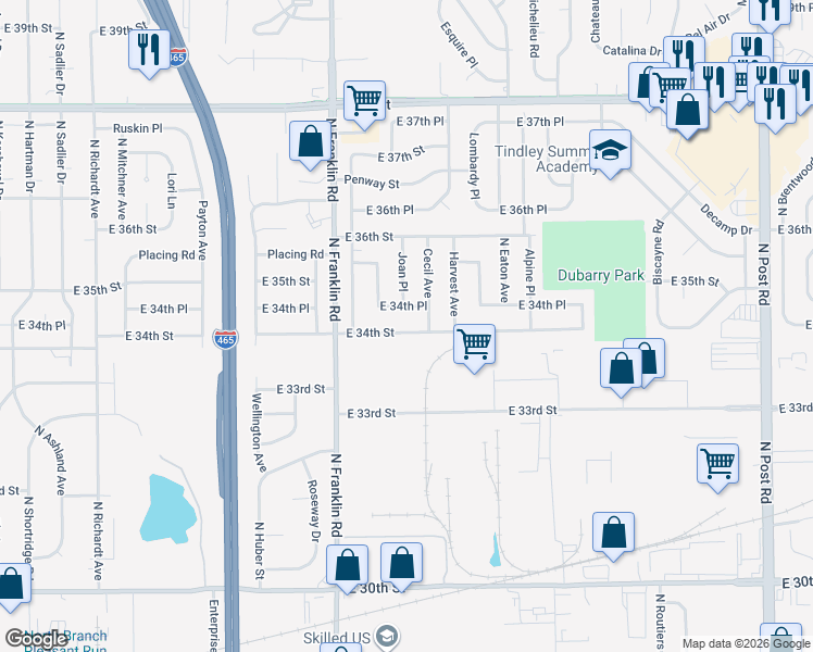 map of restaurants, bars, coffee shops, grocery stores, and more near 8144 East 34th Street in Indianapolis