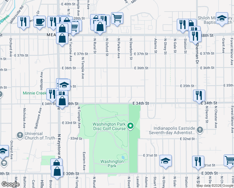 map of restaurants, bars, coffee shops, grocery stores, and more near 3414 North Parker Avenue in Indianapolis