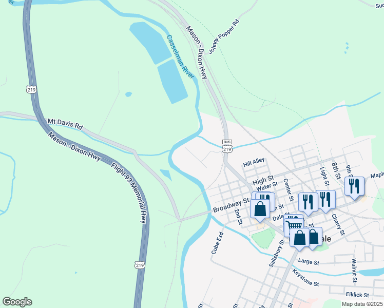 map of restaurants, bars, coffee shops, grocery stores, and more near Charles Street in Meyersdale
