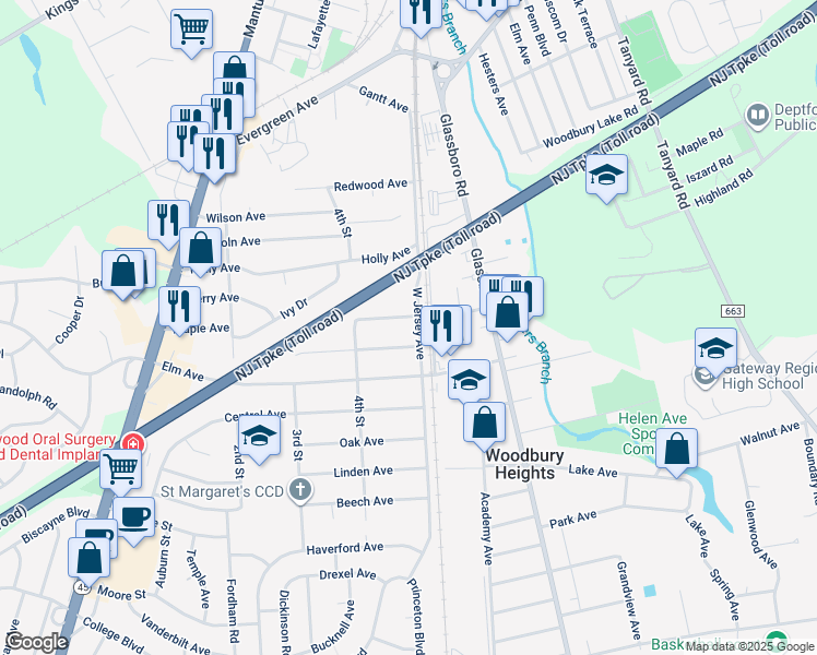 map of restaurants, bars, coffee shops, grocery stores, and more near 515 West Jersey Avenue in Woodbury Heights
