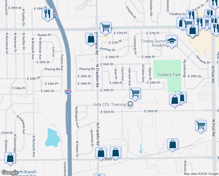 map of restaurants, bars, coffee shops, grocery stores, and more near 8104 East 34th Street in Indianapolis