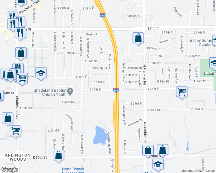 map of restaurants, bars, coffee shops, grocery stores, and more near 3408 Payton Avenue in Indianapolis