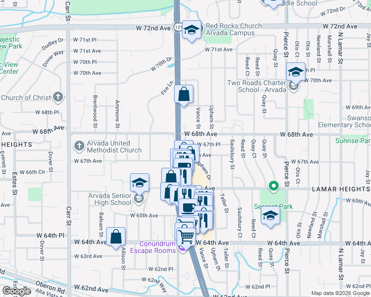 map of restaurants, bars, coffee shops, grocery stores, and more near 104 Webster Street in Arvada
