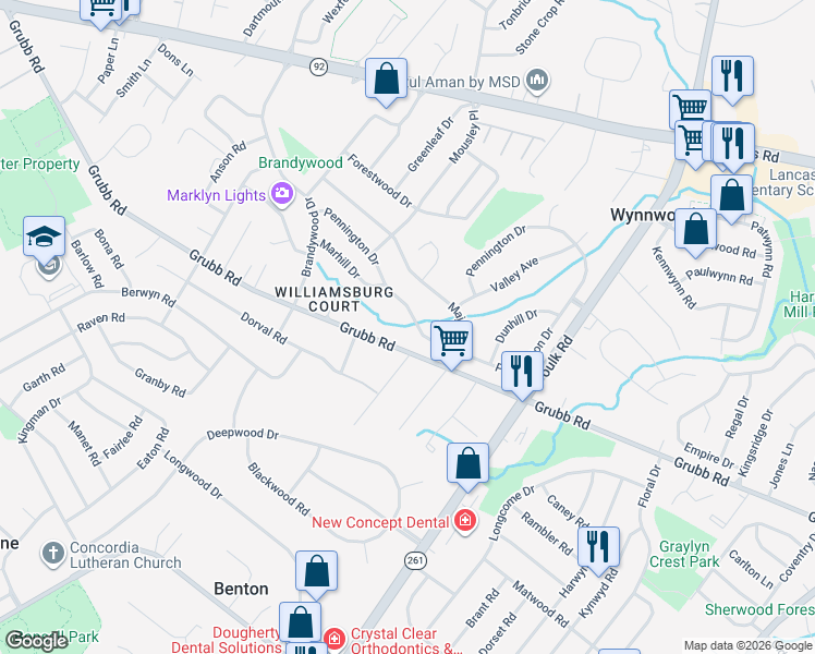 map of restaurants, bars, coffee shops, grocery stores, and more near 2608A Pennington Drive in Wilmington