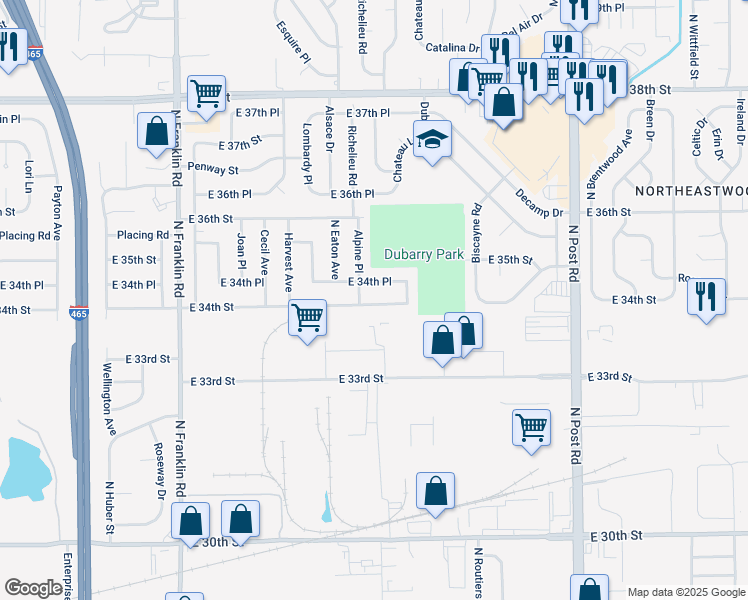 map of restaurants, bars, coffee shops, grocery stores, and more near 3401 Alpine Place in Indianapolis