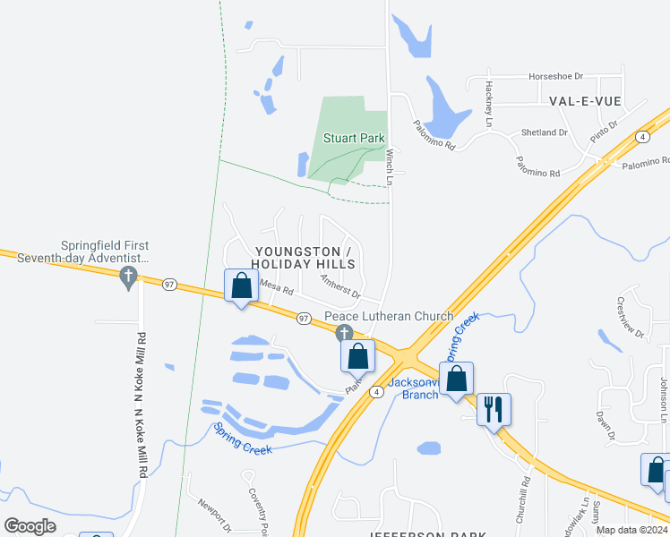 map of restaurants, bars, coffee shops, grocery stores, and more near 11 Skyview Drive in Springfield