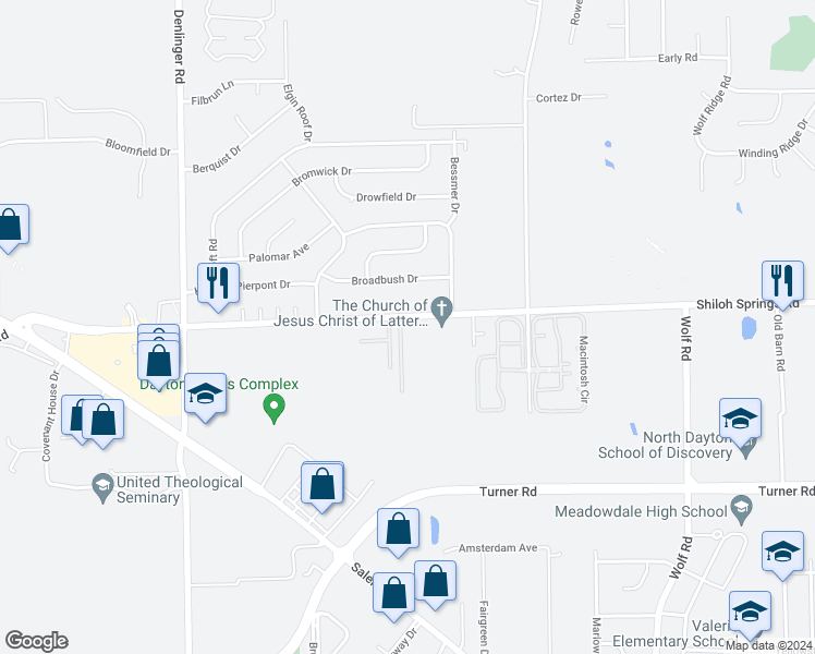 map of restaurants, bars, coffee shops, grocery stores, and more near 1576 Shiloh Springs Road in Trotwood
