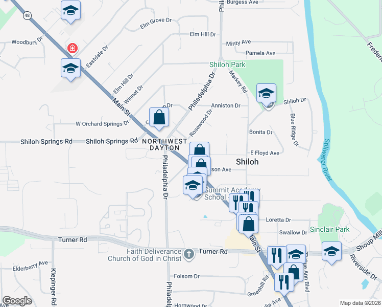 map of restaurants, bars, coffee shops, grocery stores, and more near 5600 North Main Street in Dayton