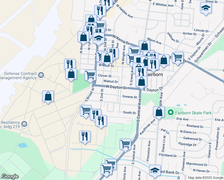map of restaurants, bars, coffee shops, grocery stores, and more near 306 West Dayton Drive in Fairborn
