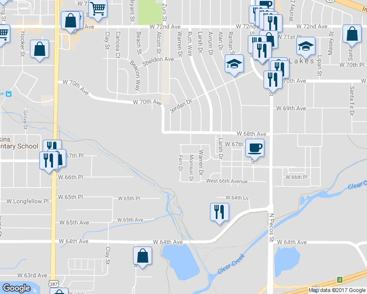 map of restaurants, bars, coffee shops, grocery stores, and more near 2215 West 67th Drive in Denver