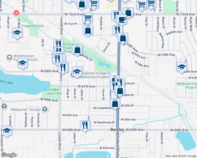 map of restaurants, bars, coffee shops, grocery stores, and more near 6732 Hooker Street in Denver