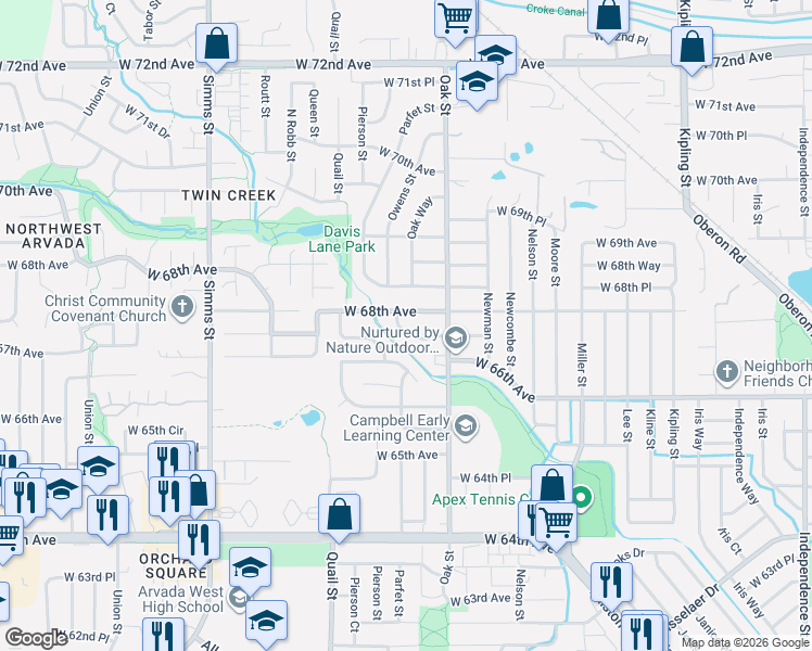 map of restaurants, bars, coffee shops, grocery stores, and more near 10843 West 67th Place in Arvada