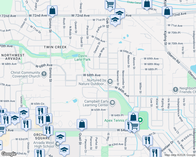 map of restaurants, bars, coffee shops, grocery stores, and more near 10843 West 67th Place in Arvada