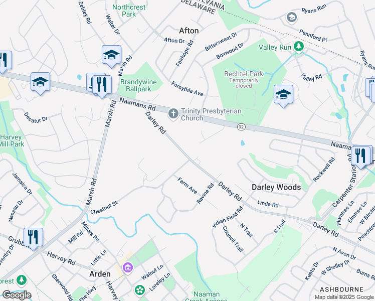 map of restaurants, bars, coffee shops, grocery stores, and more near 1104 Darley Road in Wilmington