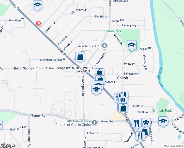 map of restaurants, bars, coffee shops, grocery stores, and more near 5600 North Main Street in Dayton