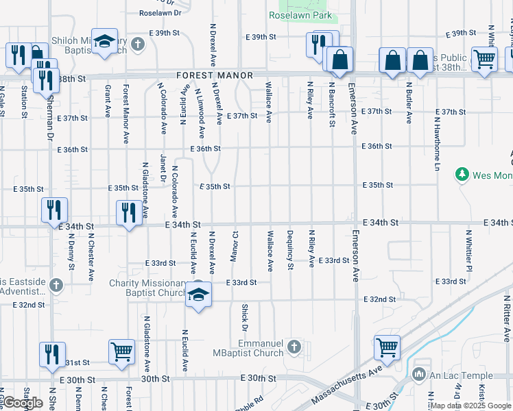 map of restaurants, bars, coffee shops, grocery stores, and more near 3424 Wallace Avenue in Indianapolis
