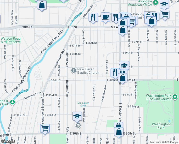 map of restaurants, bars, coffee shops, grocery stores, and more near 3428 Kinnear Avenue in Indianapolis
