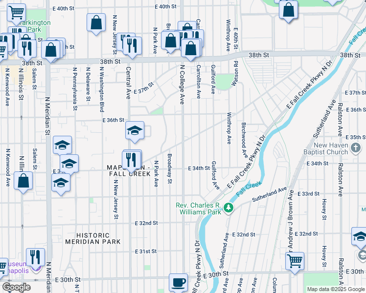 map of restaurants, bars, coffee shops, grocery stores, and more near 3449 North College Avenue in Indianapolis