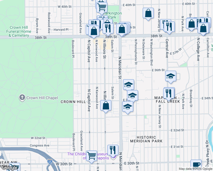 map of restaurants, bars, coffee shops, grocery stores, and more near 39 West 35th Street in Indianapolis