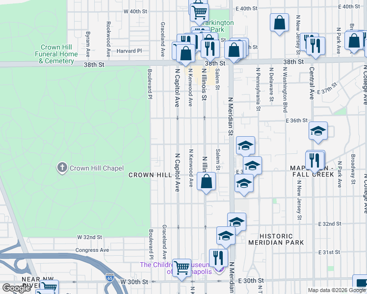 map of restaurants, bars, coffee shops, grocery stores, and more near 3459 North Capitol Avenue in Indianapolis