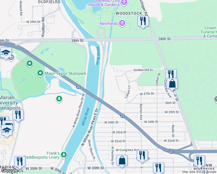 map of restaurants, bars, coffee shops, grocery stores, and more near 3736 Spring Hollow Road in Indianapolis