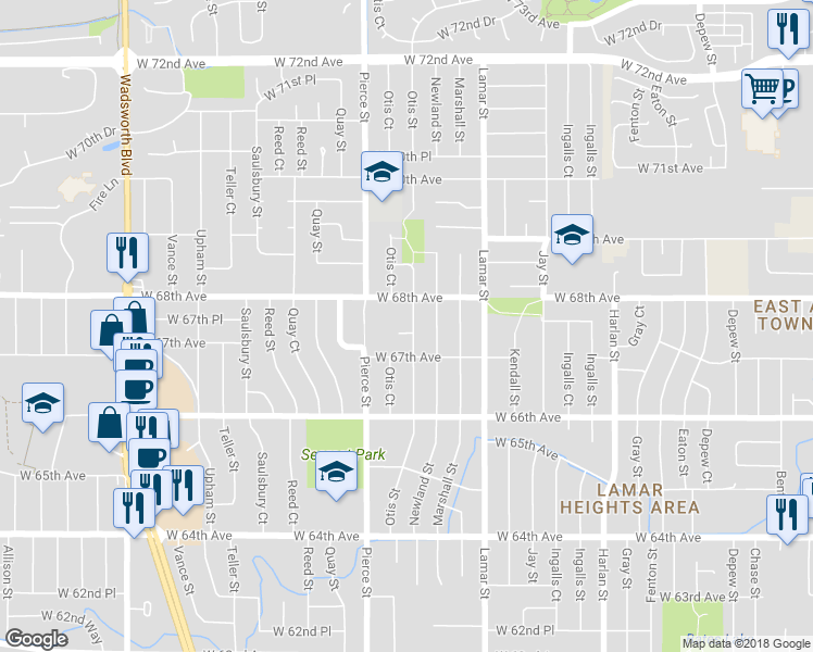 map of restaurants, bars, coffee shops, grocery stores, and more near 6721 West 67th Circle in Arvada