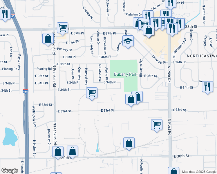 map of restaurants, bars, coffee shops, grocery stores, and more near 3401 Alpine Place in Indianapolis
