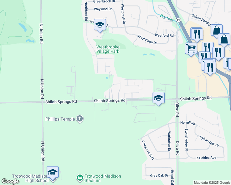 map of restaurants, bars, coffee shops, grocery stores, and more near 3363 Shiloh Springs Road in Trotwood