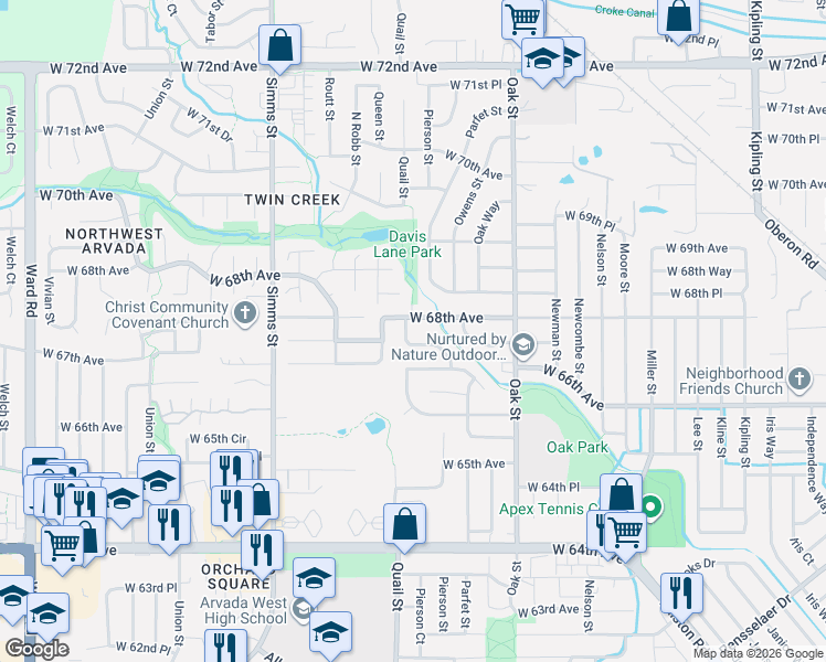 map of restaurants, bars, coffee shops, grocery stores, and more near 6788 Pierson Court in Arvada