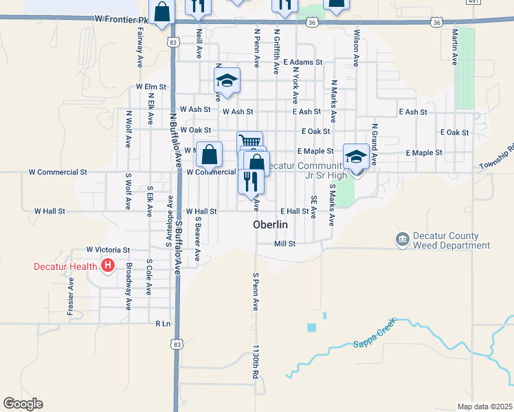 map of restaurants, bars, coffee shops, grocery stores, and more near 187 South Penn Avenue in Oberlin