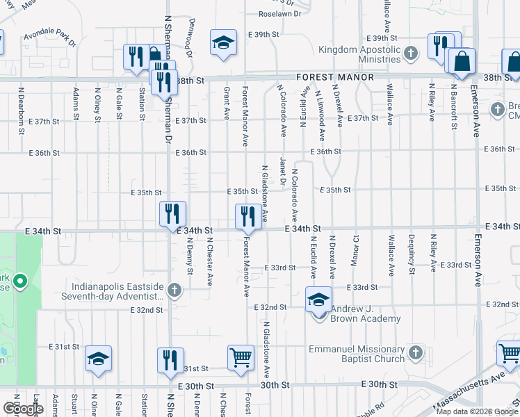 map of restaurants, bars, coffee shops, grocery stores, and more near 3420 North Gladstone Avenue in Indianapolis