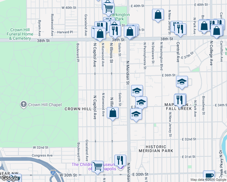map of restaurants, bars, coffee shops, grocery stores, and more near 39 West 35th Street in Indianapolis