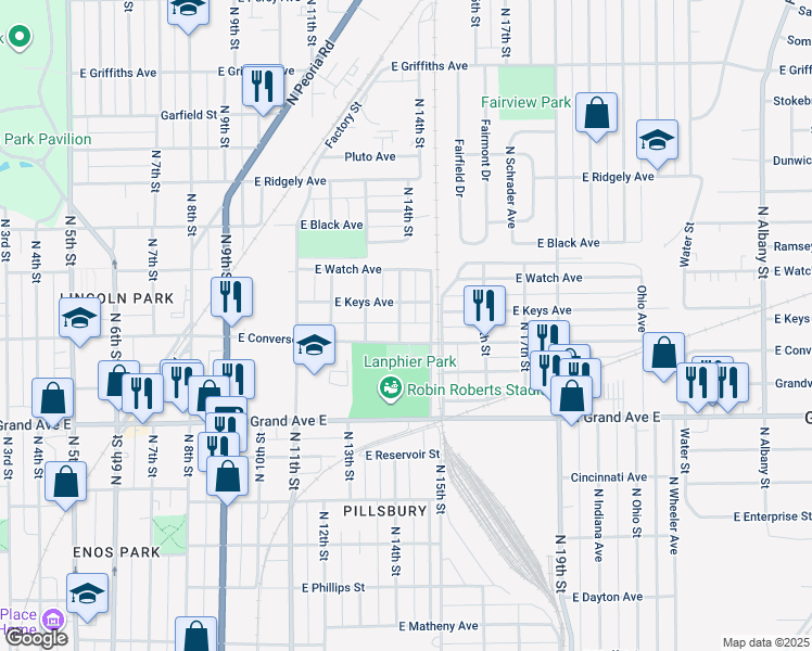 map of restaurants, bars, coffee shops, grocery stores, and more near 1416 Pennsylvania Avenue in Springfield