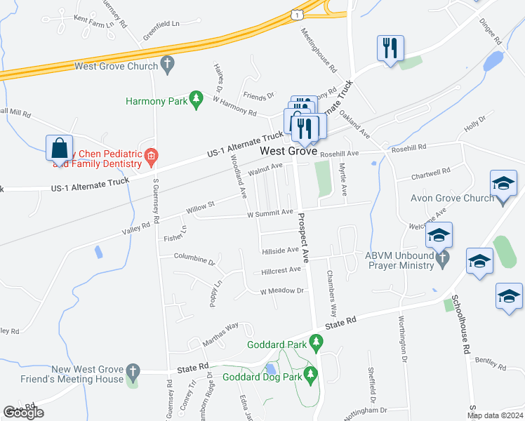 map of restaurants, bars, coffee shops, grocery stores, and more near 145 West Summit Avenue in West Grove